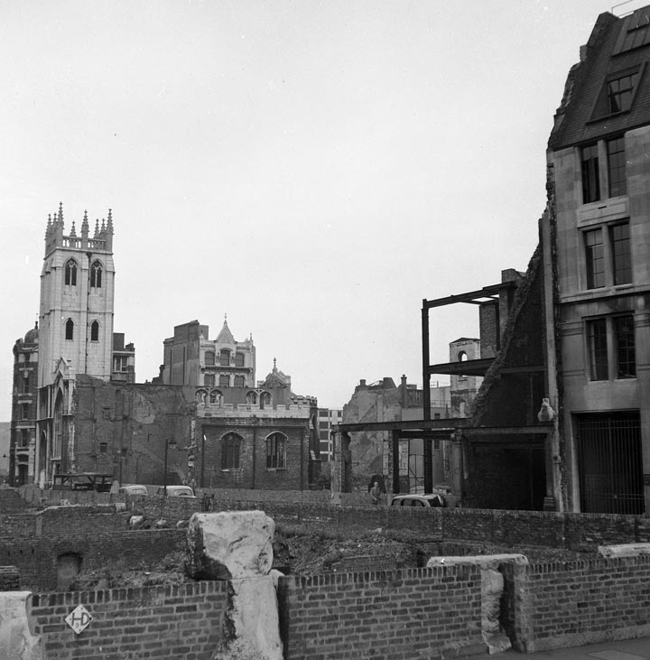 Long Memory-St. Alban Church, Wood Street - only the tower survives today. Taken from Aldermanbury Square.